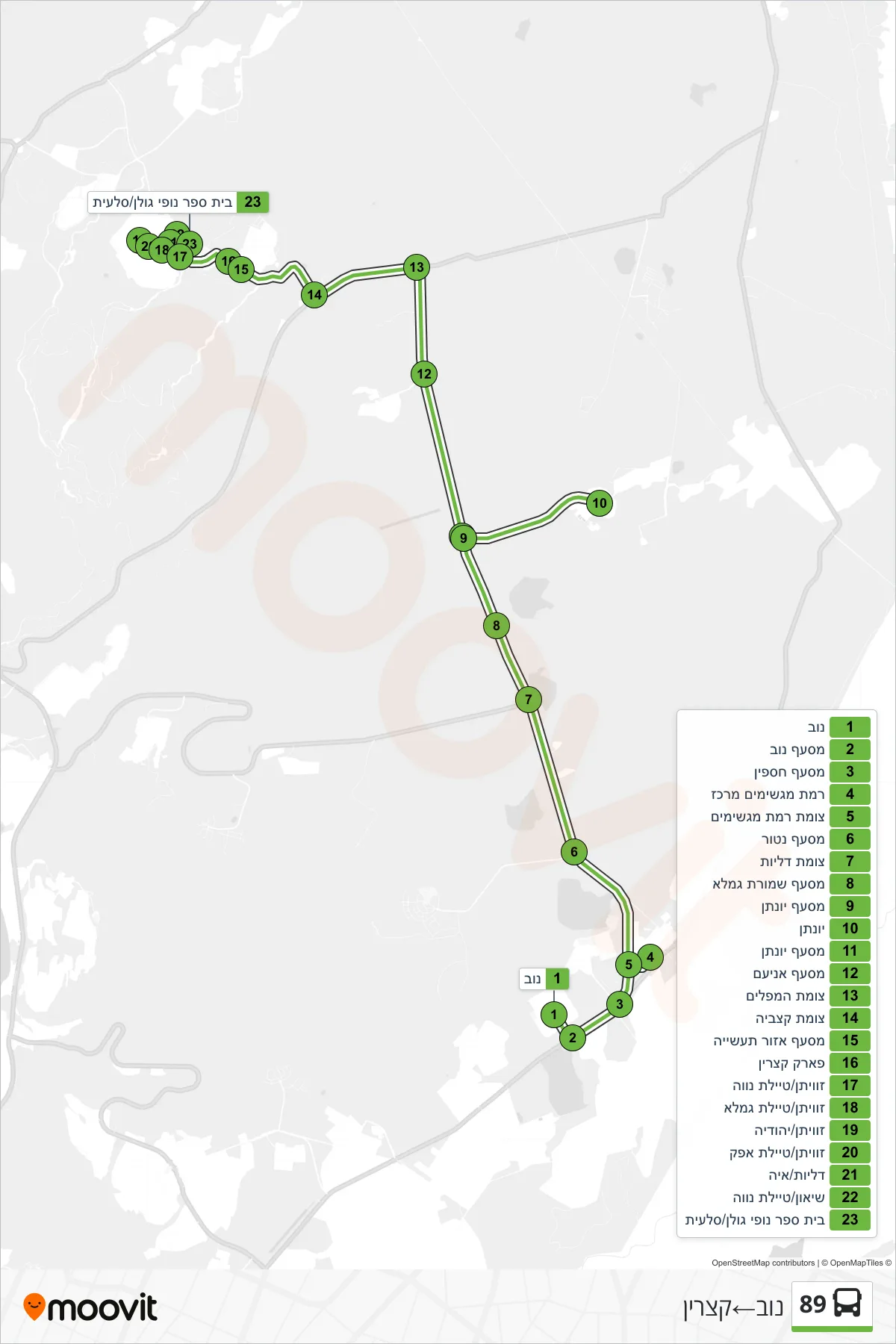 89 bus Line (Nov‎→Katzrin) route and stops on a map