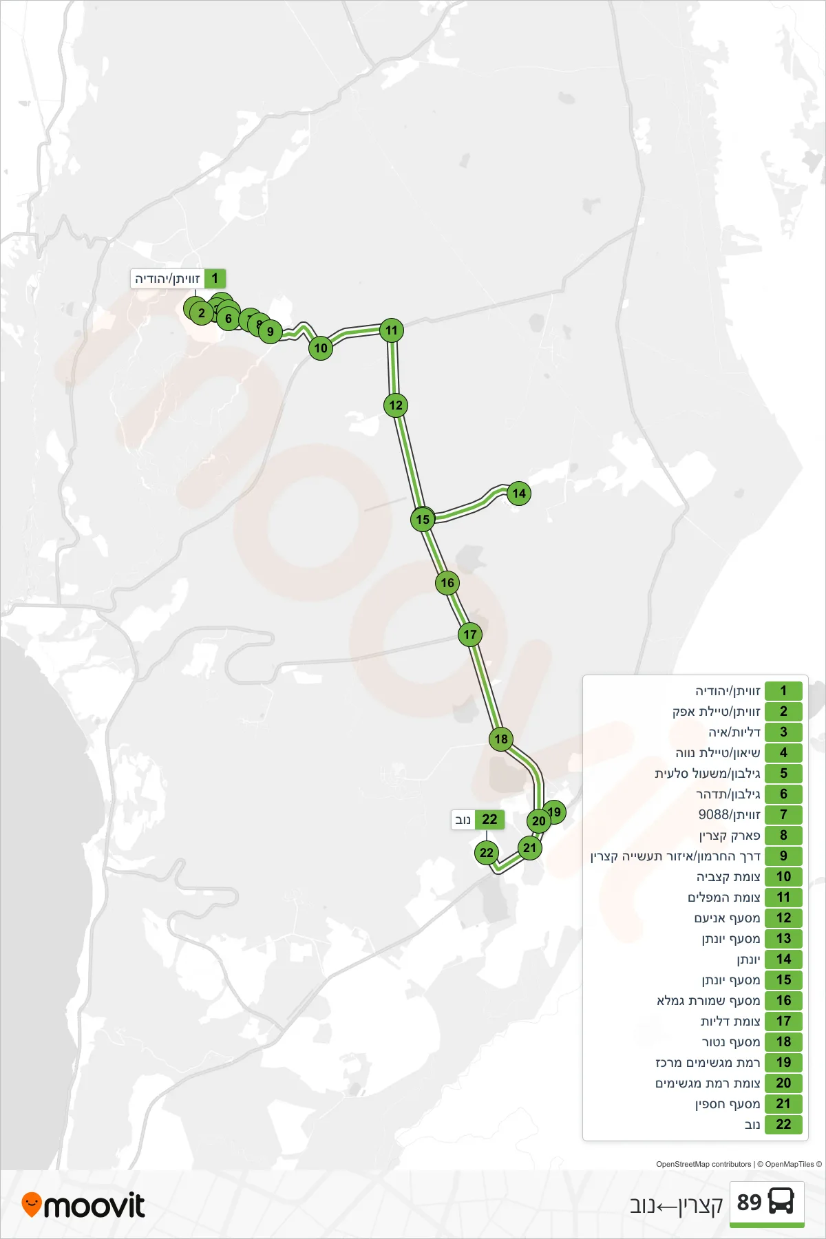 89 bus Line (Katzrin‎→Nov) route and stops on a map