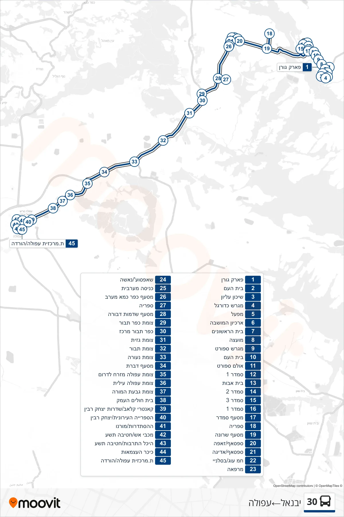 30 bus Line (Yavne'el‎→Afula) route and stops on a map