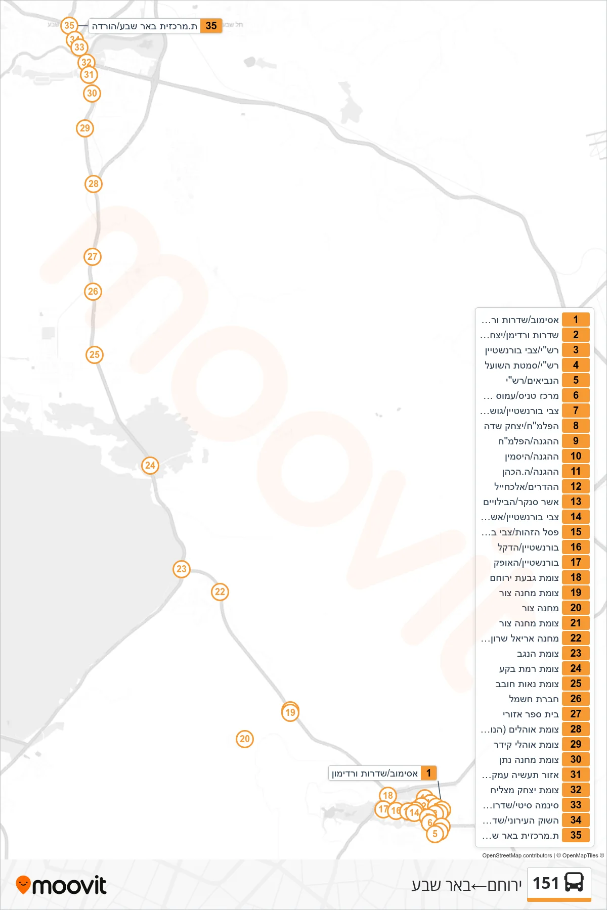 151 bus Line (Yeruham‎→Beer Sheva) route and stops on a map