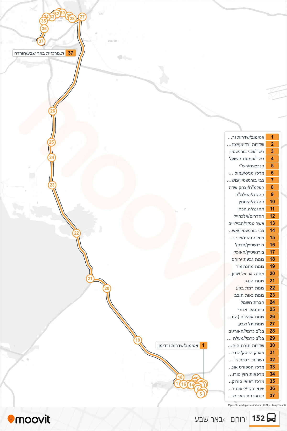 152 bus Line (Yeruham‎→Beer Sheva) route and stops on a map