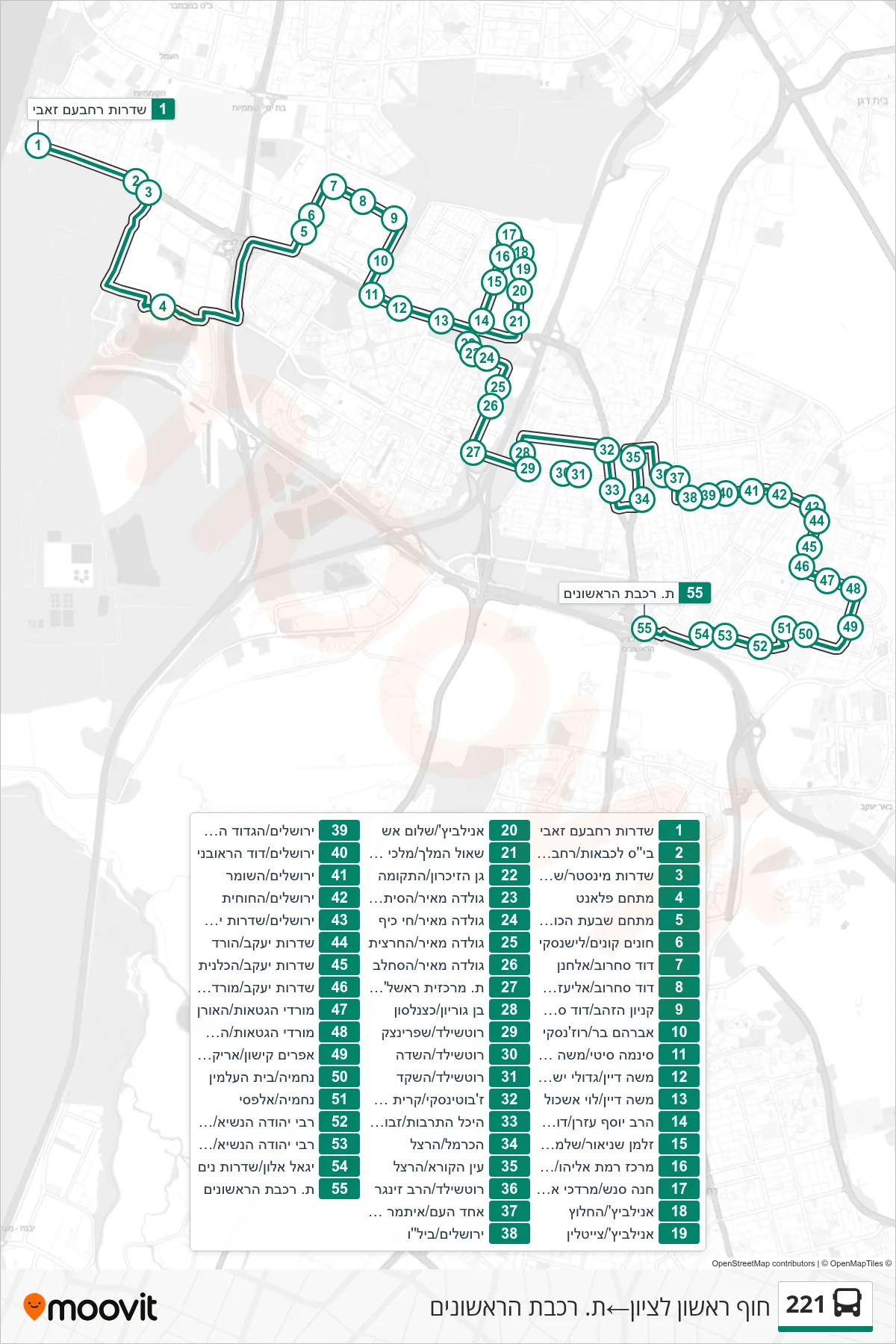 221 bus Line (Rishon LeZion Beach‎→HaRishonim Railway Station) route and stops on a map