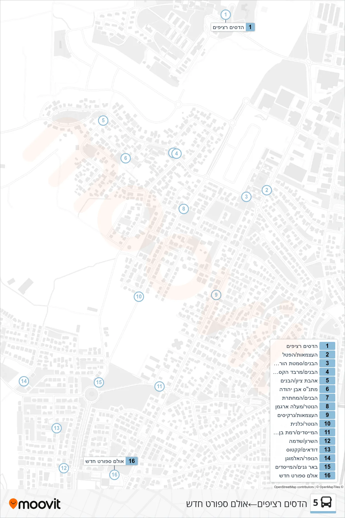 5 bus Line (Hadasim Platforms‎→New Sports Hall) route and stops on a map