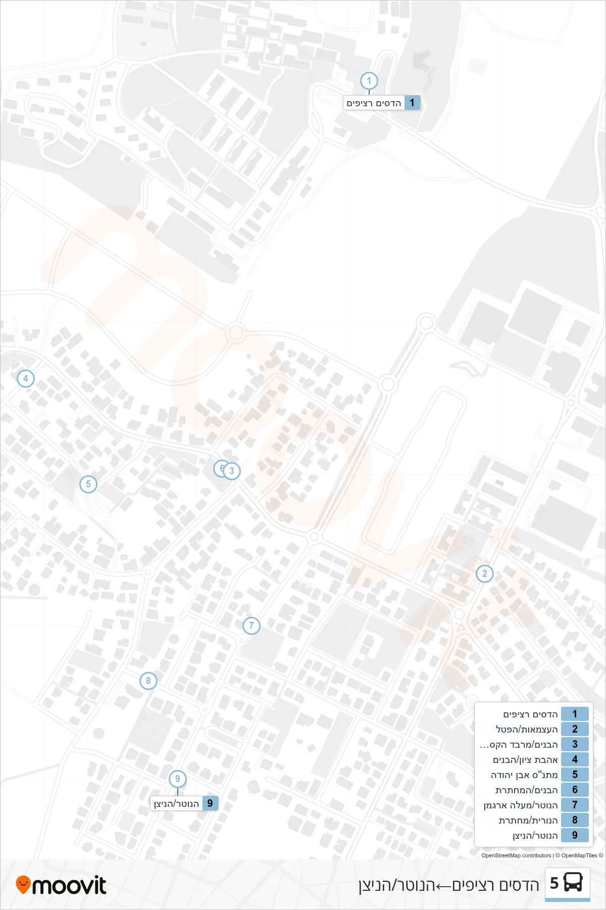 5 bus Line (Hadasim Platforms‎→HaNoter/HaNitzan) route and stops on a map