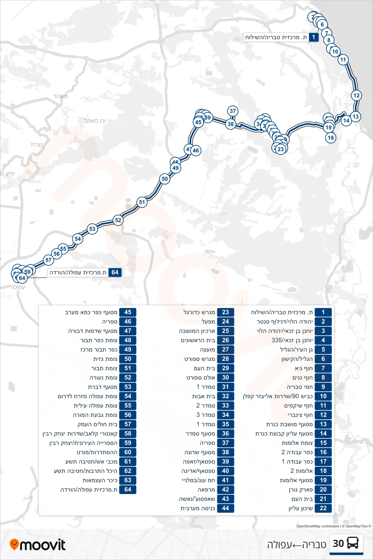 30  Line (Tiberias‎→Afula) route and stops on a map