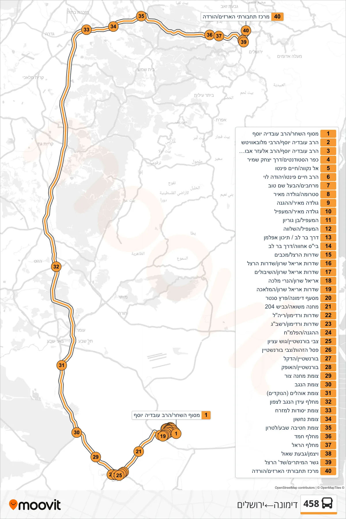 458 bus Line (Dimona‎→Jerusalem) route and stops on a map