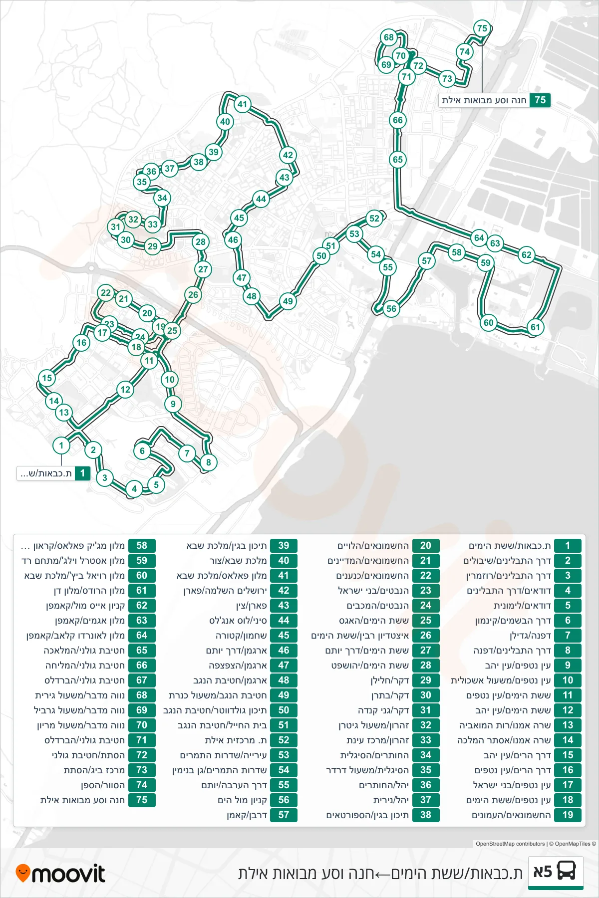 5A bus Line (Fire Station/Sheshet HaYamim‎→Park and Ride Eilat Approaches) route and stops on a map