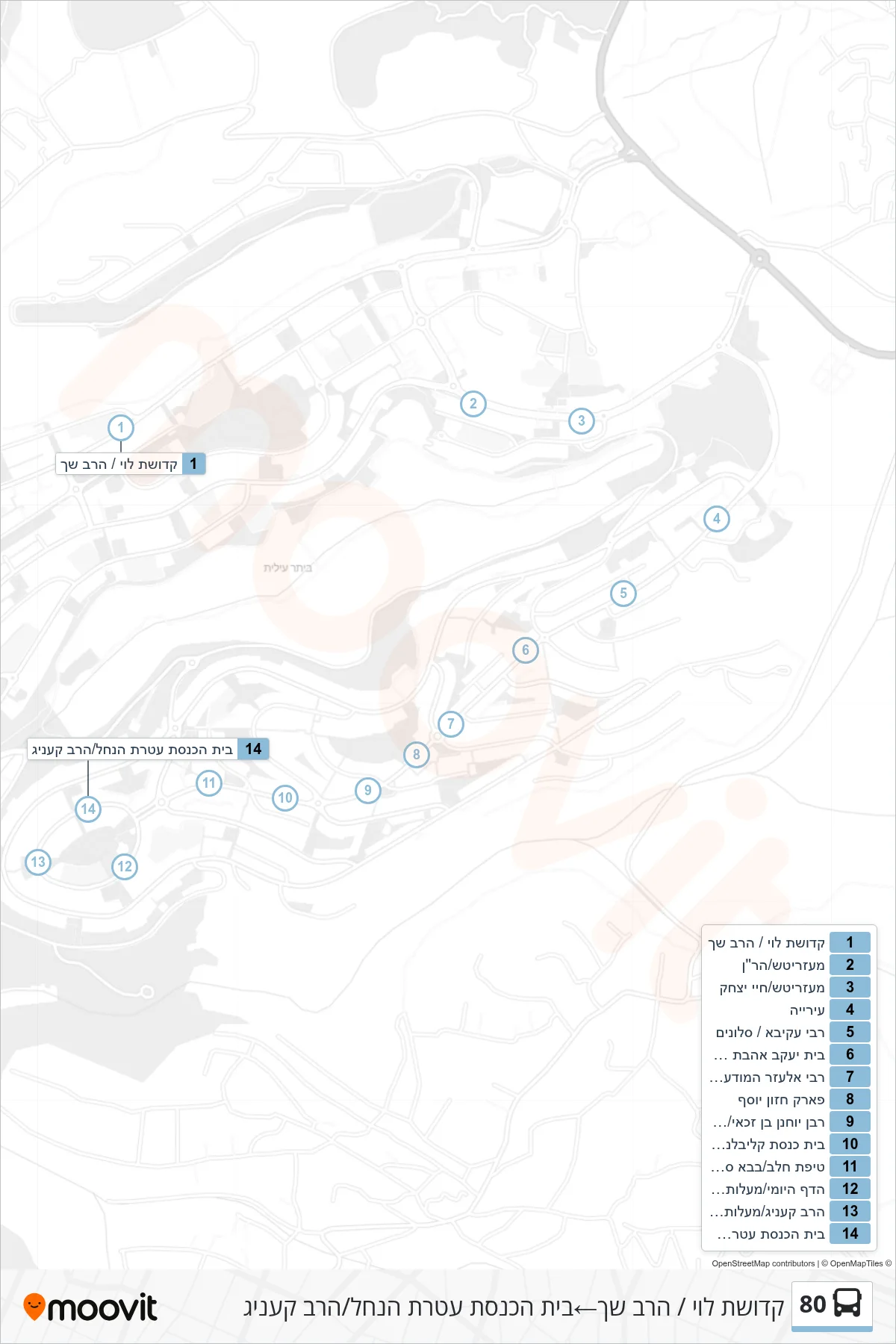 80 bus Line (Kedushat Levi/HaRav Shach‎→Ateret HaNachal Synagogue/Rabbi Koenig) route and stops on a map