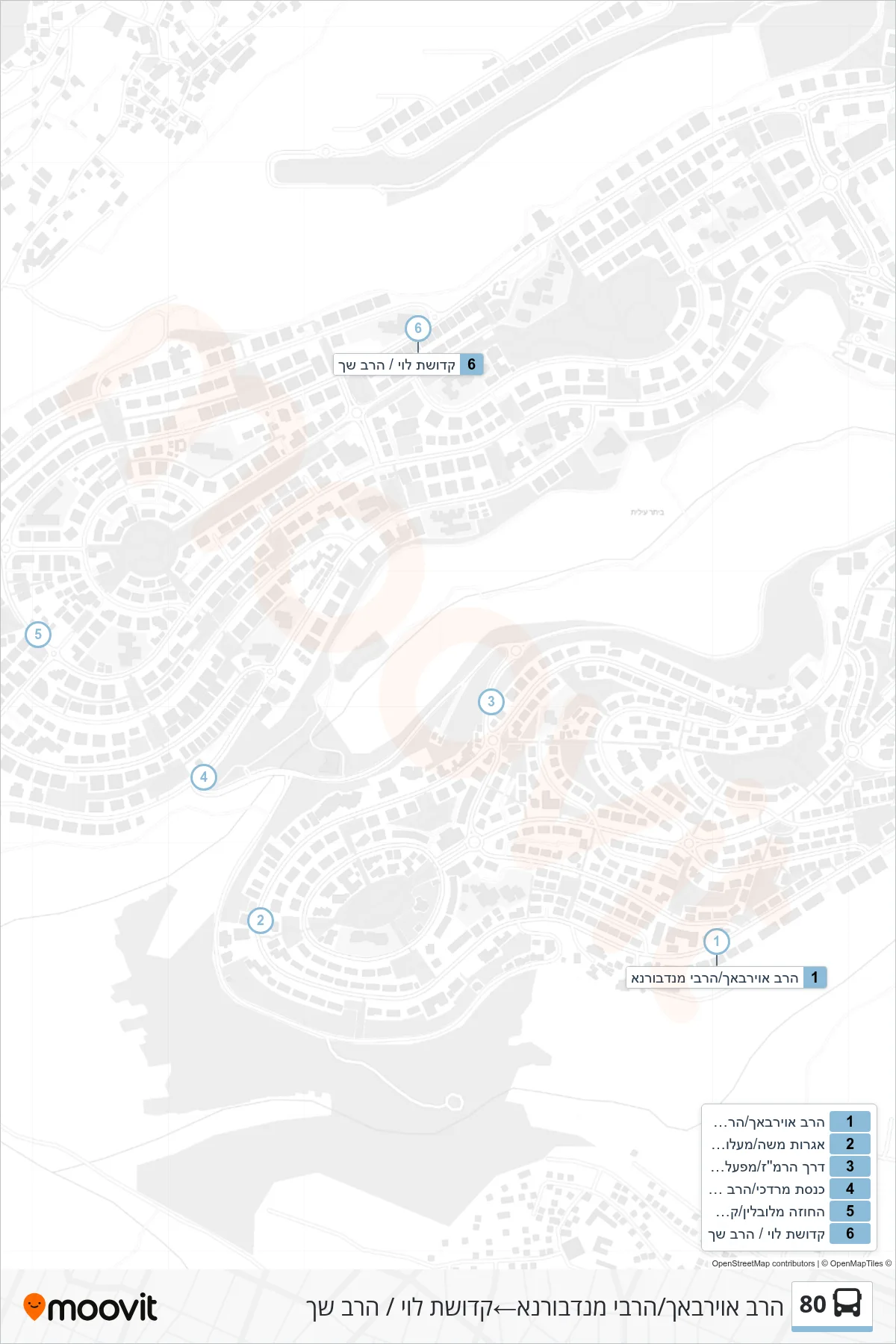 80 bus Line (Rabbi Auerbach/Rabbi of Nadvorna‎→Kedushat Levi/HaRav Shach) route and stops on a map