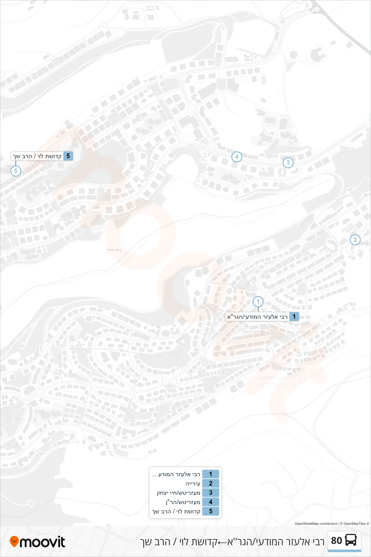80 bus Line (Rabbi Elazar HaModa'i/HaGra‎→Kedushat Levi/HaRav Shach) route and stops on a map