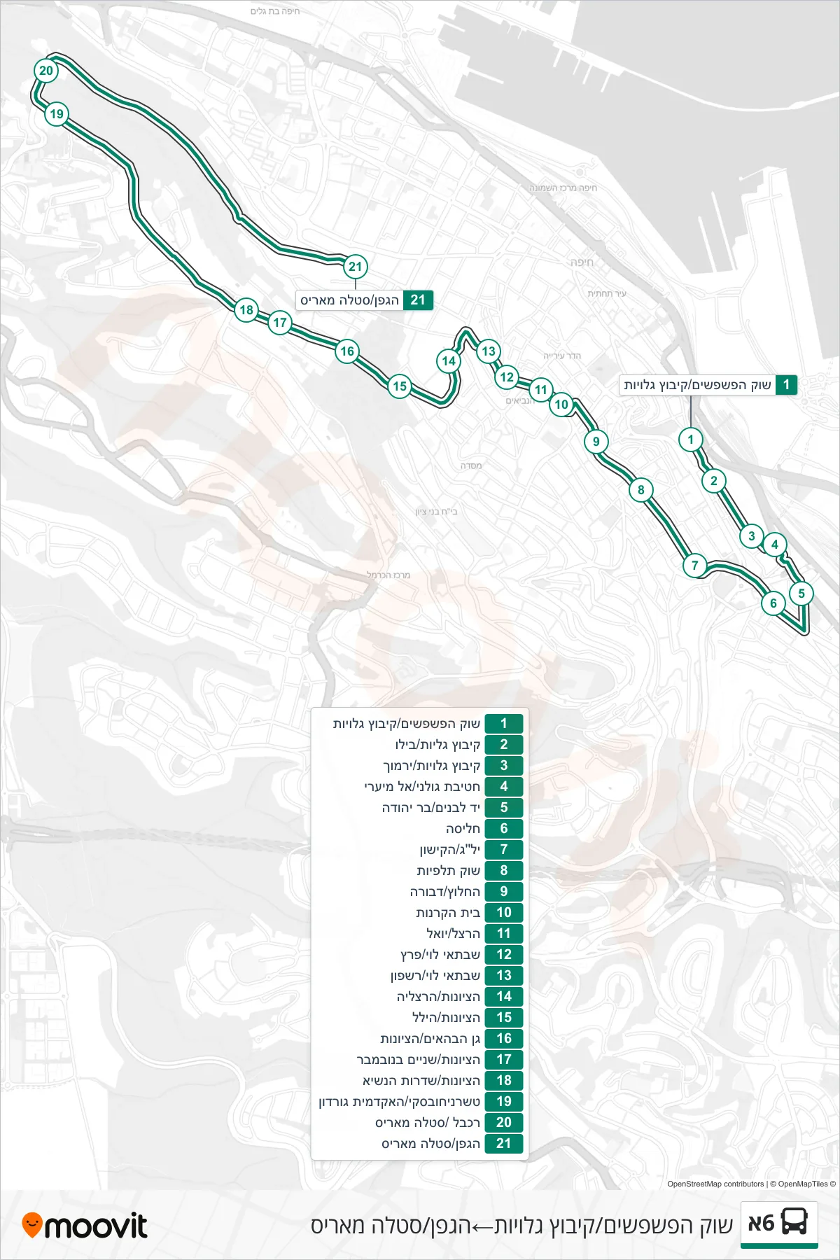 6A bus Line (Flea Market/Kibbutz Galuyot‎→HaGefen/Stella Maris) route and stops on a map
