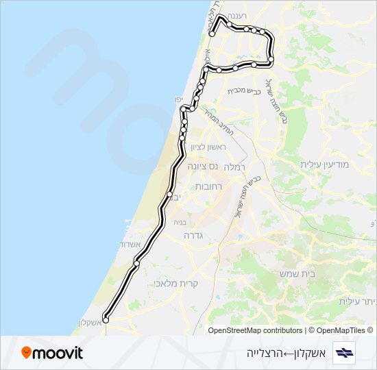 מפת המסלול של קו רכבת ישראל אשקלון - הרצליה