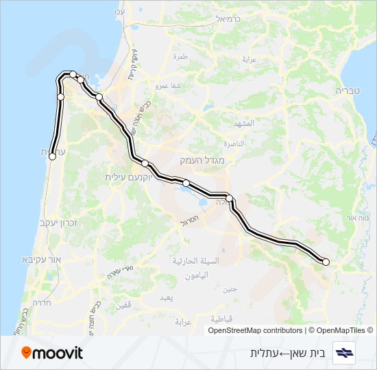 מפת המסלול של קו רכבת ישראל בית שאן - עתלית