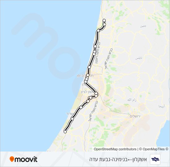 מפת המסלול של קו רכבת ישראל אשקלון - בנימינה