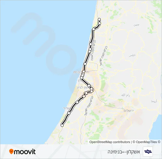 Железные дороги Израиля אשקלון - בנימינה: карта маршрута