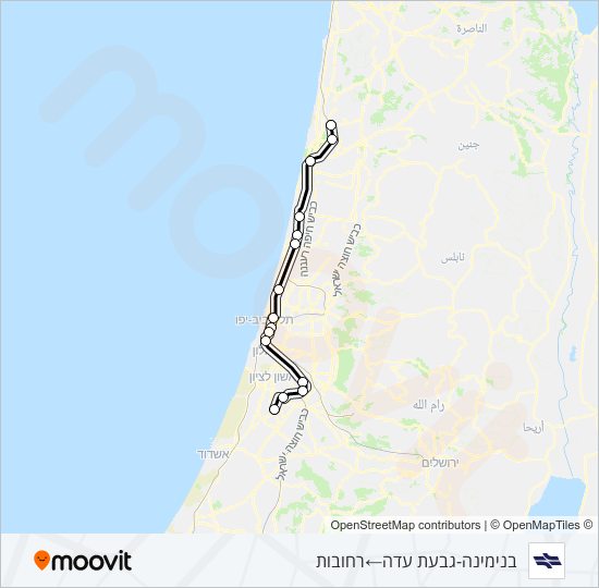 מפת המסלול של קו רכבת ישראל בנימינה - רחובות