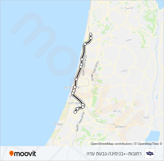 מפת המסלול של קו רכבת ישראל רחובות - בנימינה