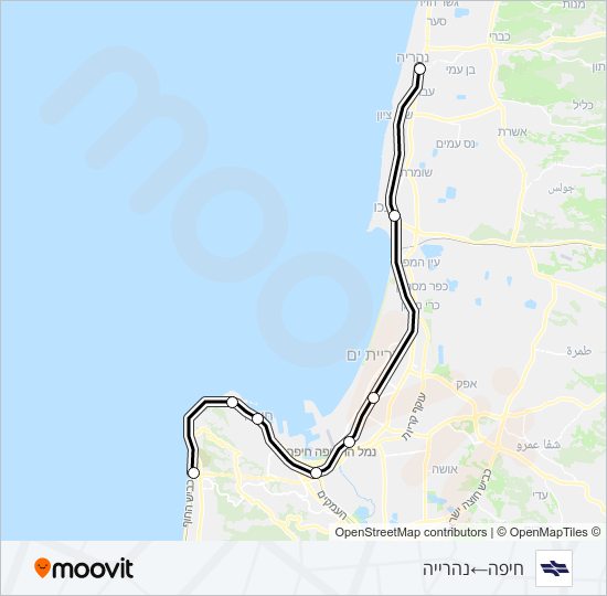 מפת המסלול של קו רכבת ישראל חוף הכרמל - נהריה