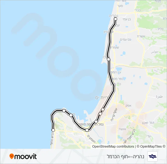Железные дороги Израиля נהריה - חוף הכרמל: карта маршрута