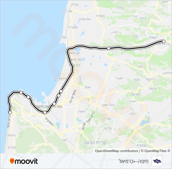 מפת המסלול של קו רכבת ישראל חוף הכרמל - כרמיאל