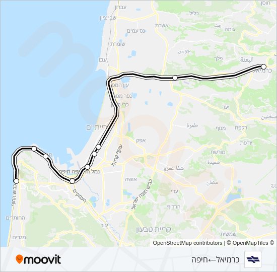 מפת המסלול של קו רכבת ישראל כרמיאל - חוף הכרמל