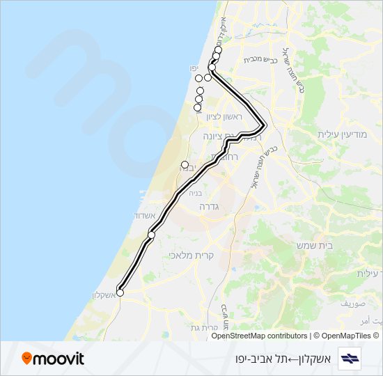 מפת המסלול של קו רכבת ישראל אשקלון - תל אביב מרכז