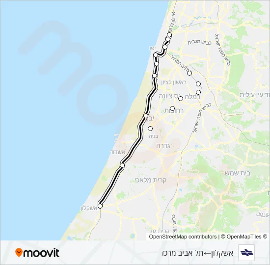 Железные дороги Израиля אשקלון - תל אביב מרכז: карта маршрута