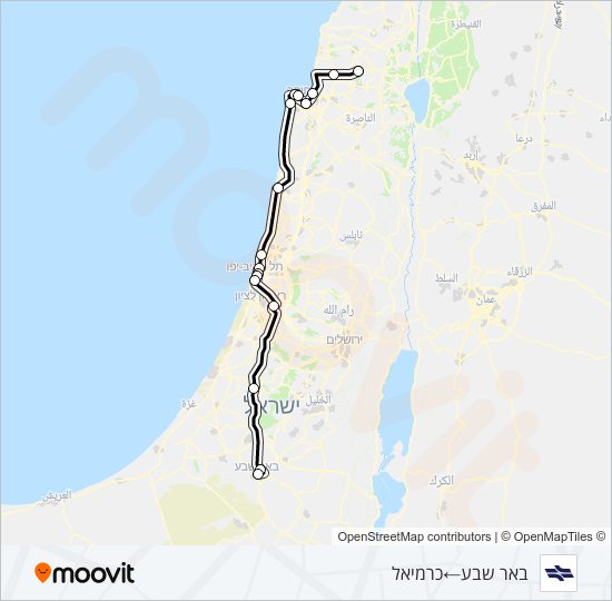 מפת המסלול של קו רכבת ישראל באר שבע מרכז - כרמיאל
