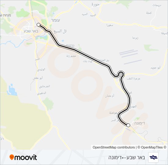 מפת המסלול של קו רכבת ישראל באר שבע צפון - דימונה
