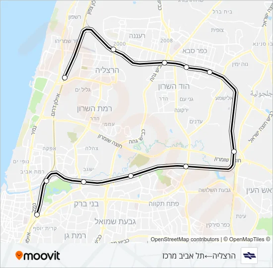 Железные дороги Израиля הרצליה - תל אביב מרכז: карта маршрута