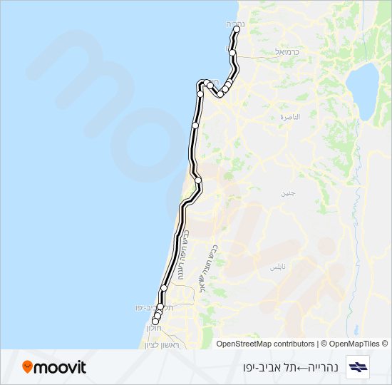 מפת המסלול של קו רכבת ישראל נהריה - תל אביב ההגנה