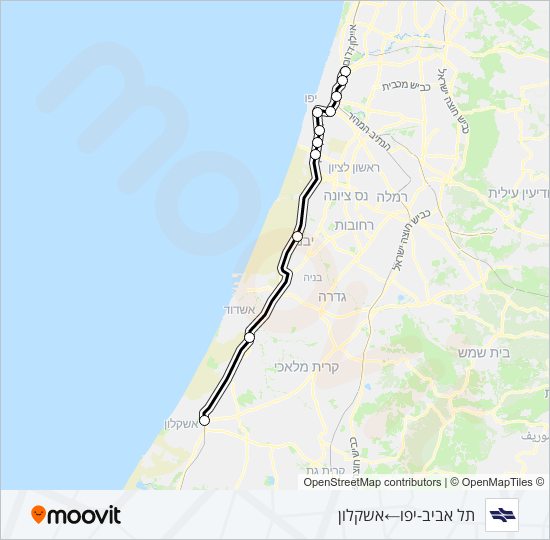 מפת המסלול של קו רכבת ישראל תל אביב מרכז - אשקלון