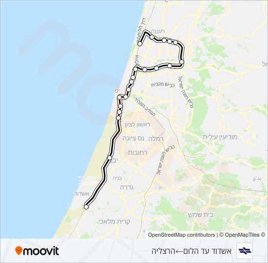 אשדוד עד הלום - הרצליה Israel Railways Line Map