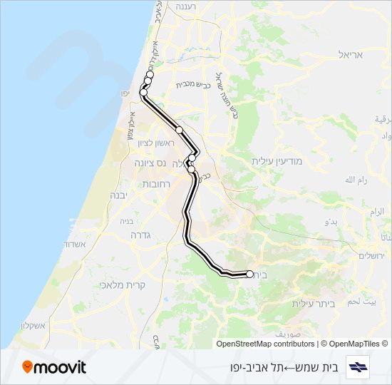 מפת המסלול של קו רכבת ישראל בית שמש - תל אביב מרכז