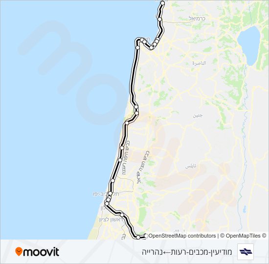 מפת המסלול של קו רכבת ישראל מודיעין מרכז - נהריה ✈