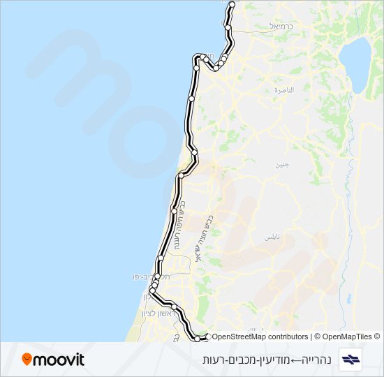 מפת המסלול של קו רכבת ישראל נהריה - מודיעין מרכז ✈