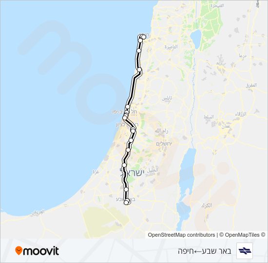 מפת המסלול של קו רכבת ישראל באר שבע מרכז - חיפה מרכז