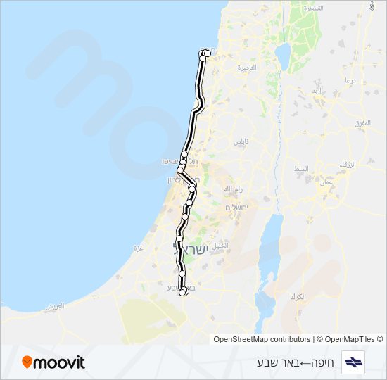 מפת המסלול של קו רכבת ישראל חיפה מרכז - באר שבע מרכז