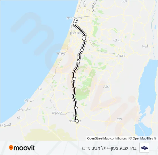 Железные дороги Израиля באר שבע צפון - תל אביב מרכז: карта маршрута