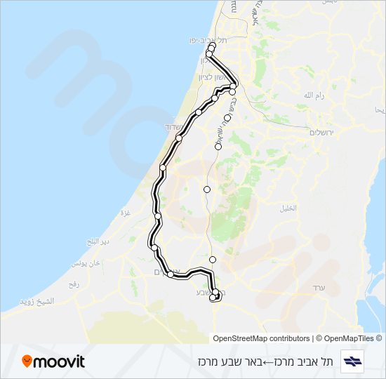 מפת המסלול של קו רכבת ישראל תל אביב מרכז - באר שבע מרכז