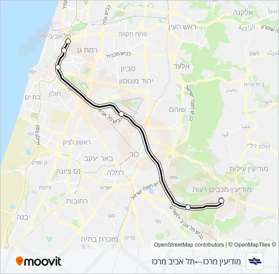 Железные дороги Израиля מודיעין מרכז - תל אביב מרכז ✈: карта маршрута