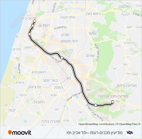 מפת המסלול של קו רכבת ישראל מודיעין מרכז - תל אביב מרכז ✈
