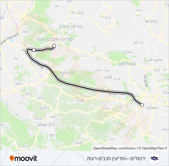 מפת המסלול של קו רכבת ישראל ירושלים/יצחק נבון - מודיעין מרכז