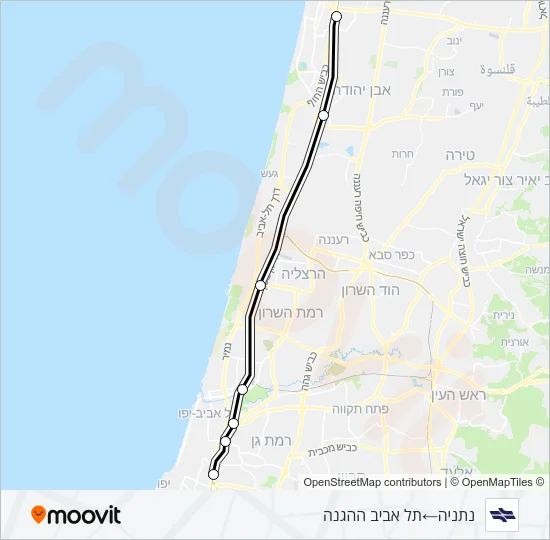 Железные дороги Израиля נתניה - תל אביב ההגנה: карта маршрута