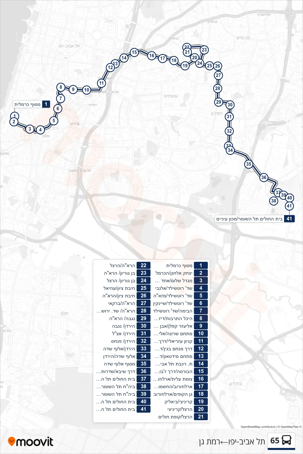 65 bus Line (Tel Aviv-Yafo‎→Ramat Gan) route and stops on a map