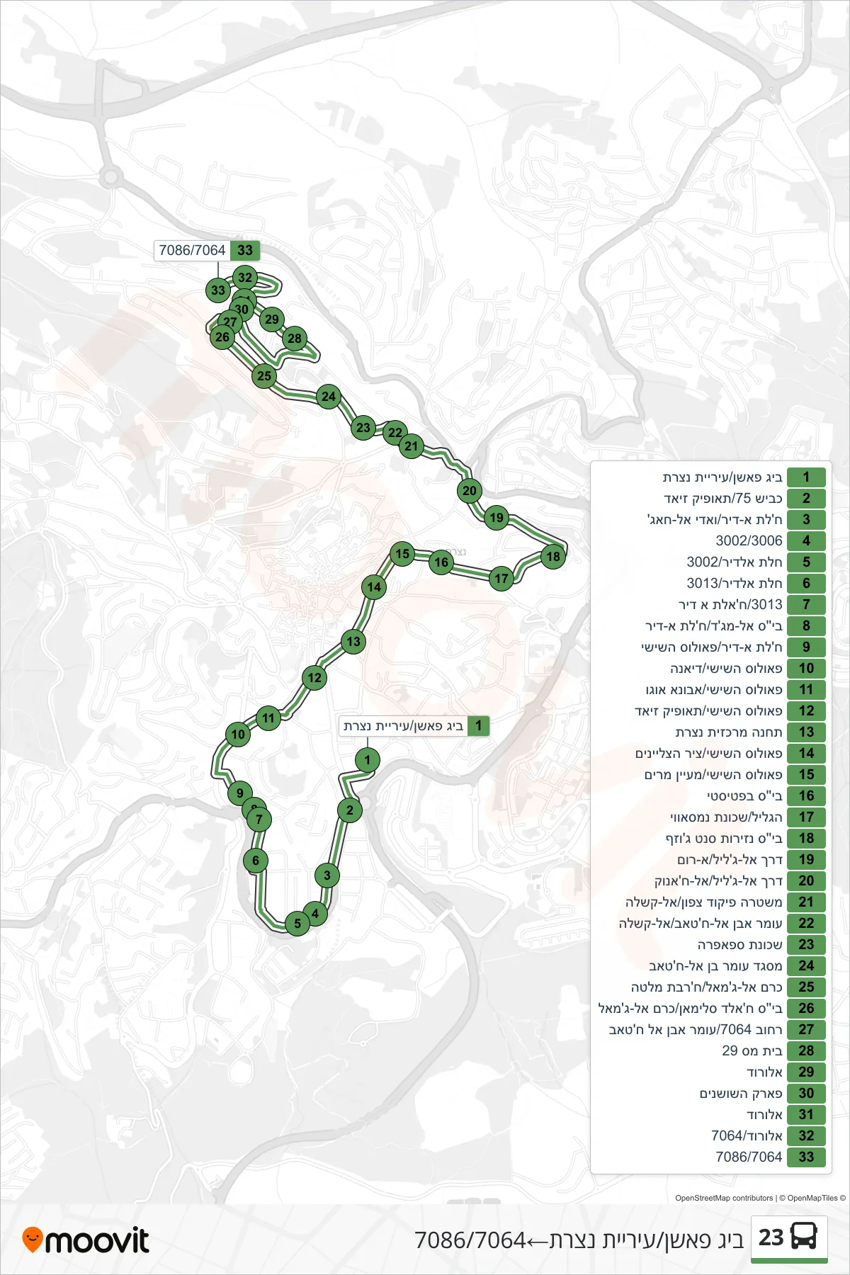 23 bus Line (Big Fashion/Nazareth Municipality‎→7086/7064) route and stops on a map