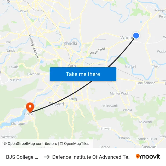 BJS College Wagholi to Defence Institute Of Advanced Technology Diat map