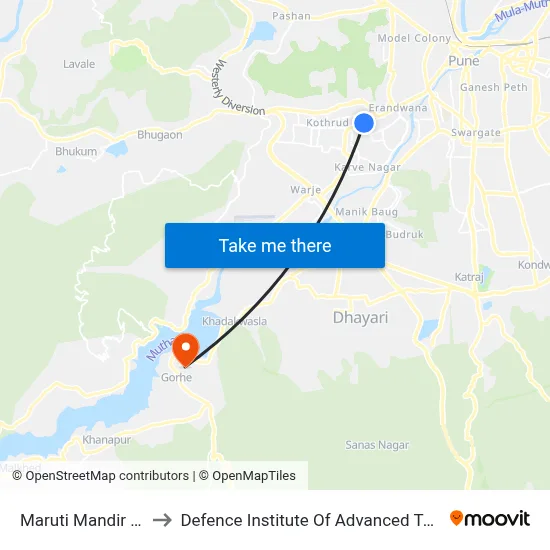 मारुति मंदिर कोथरूड to रक्षा उन्नत प्रौद्योगिकी संस्थान map