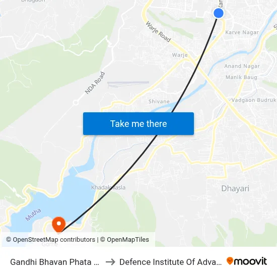 गांधी भवन फाटा / दहानुकर कॉलोनी to रक्षा उन्नत प्रौद्योगिकी संस्थान map