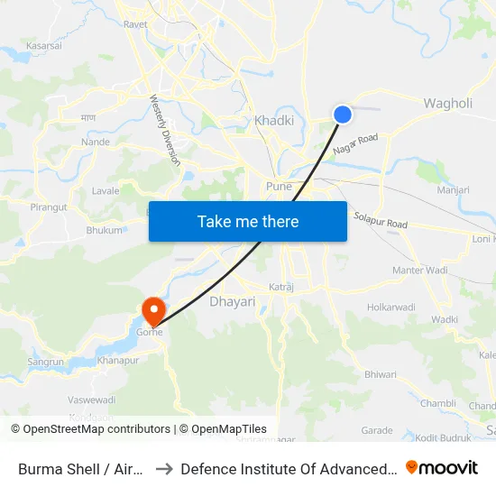 Burma Shell / Airport Corner to Defence Institute Of Advanced Technology Diat map